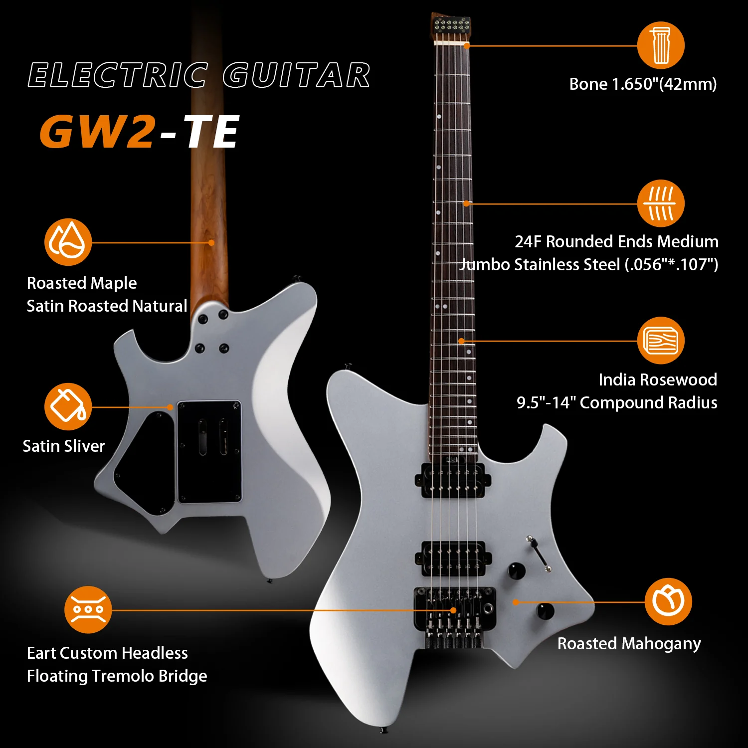 Eart Electric Guitars GW2-TE, 6 String Headstockless Roasted Mahogany Tremolo Birdge Headless Guitar - Image 4