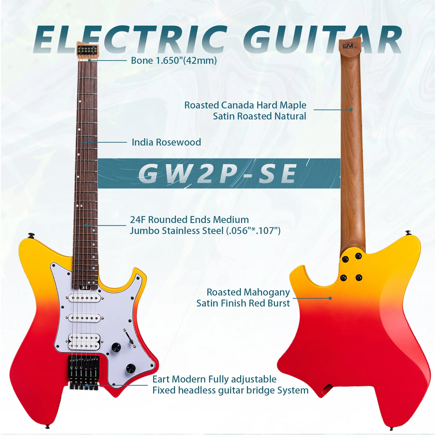 Eart Electric Guitars GW2P-SE, Youthful Energy, Roasted Mahogany, Lightweight Headless Guitar - Image 5
