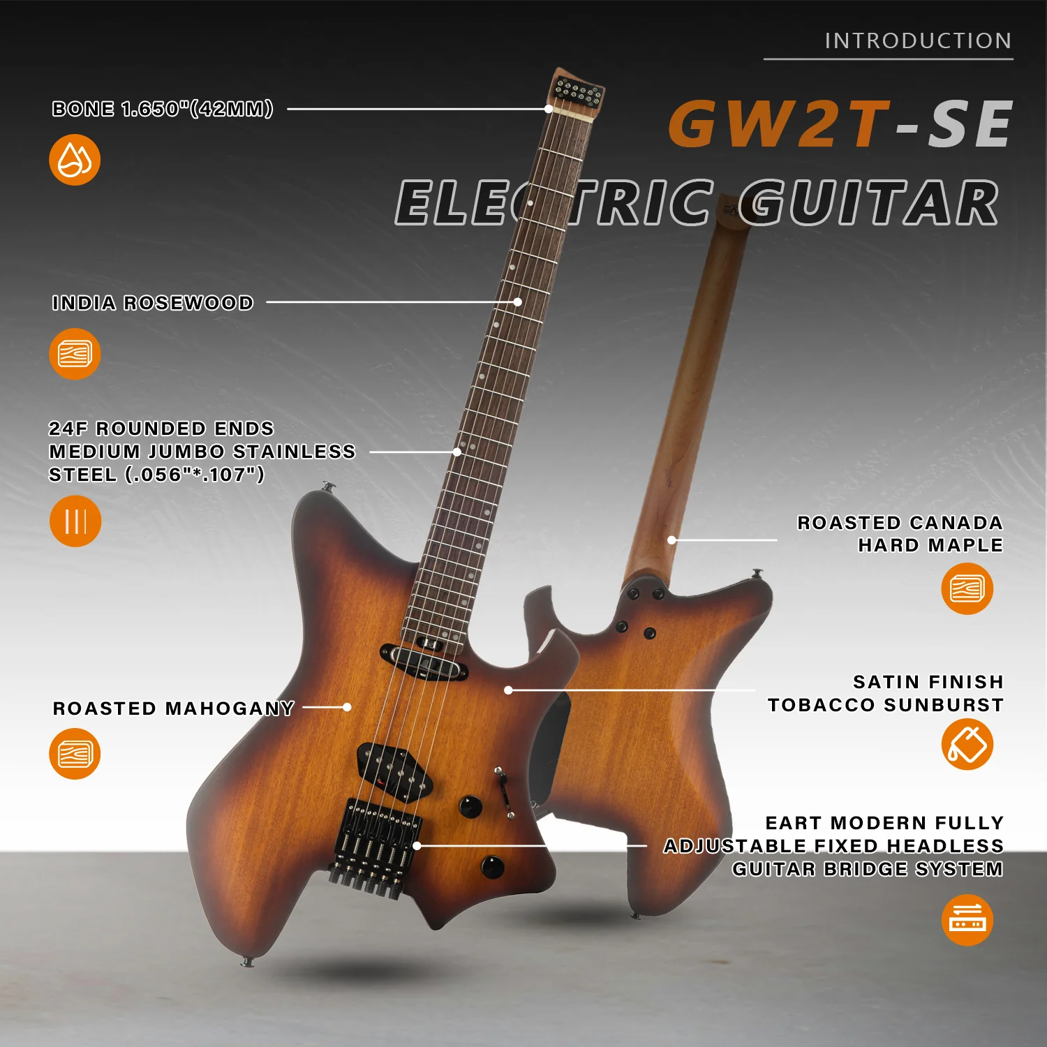 Eart Electric Guitars GW2T-SE, 6 String Headstockless Solid Headless Light Guitar - Image 4