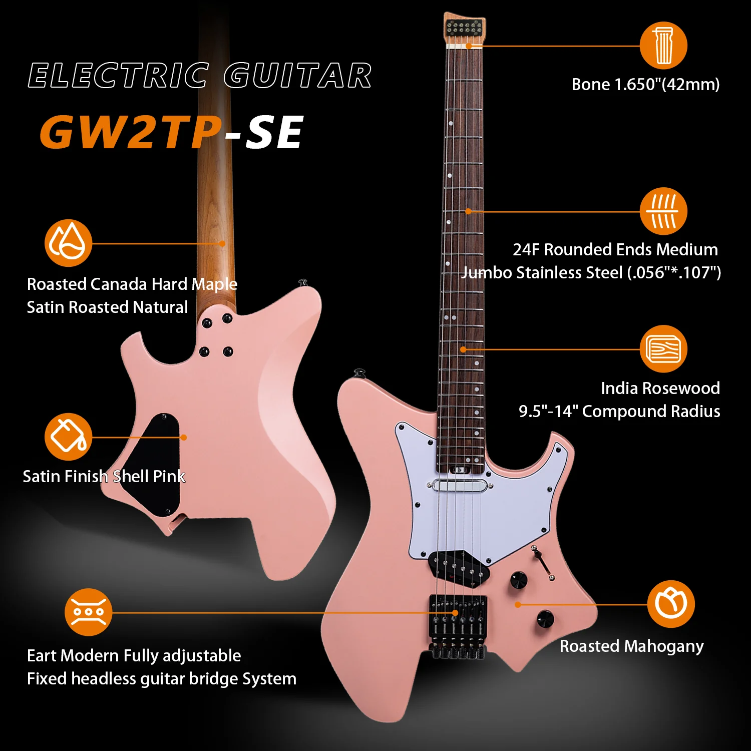 Eart Guitars GW2TP-SE Lightweight Headless Electric Guitar, 24 Stainless Steel Frets, Compound Radius Fingerboard - Image 4