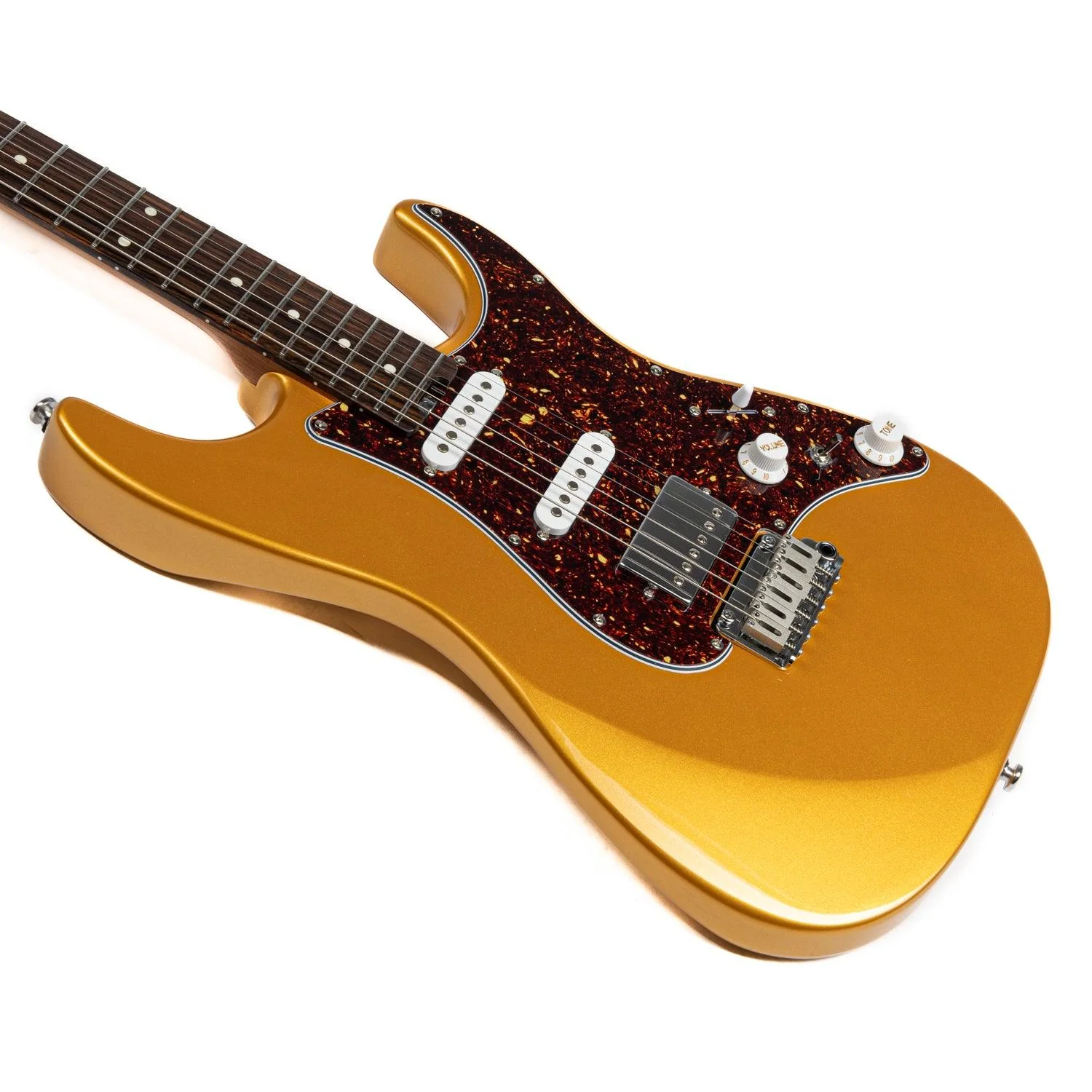 EART Guitars, DMX-9TC, NK-S Standard Shape 2-Point Synchronized Steel Saddle Tremolo Bridge Electric Guitar, Gold - Image 6