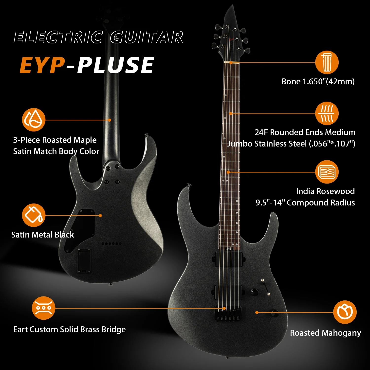 Eart Guitars, EYP-Pulse(EXP-6), Soild Body Electric Guitar Roasted Mahogany Body Artones-MDC135 Active Pickups Rock - Image 3