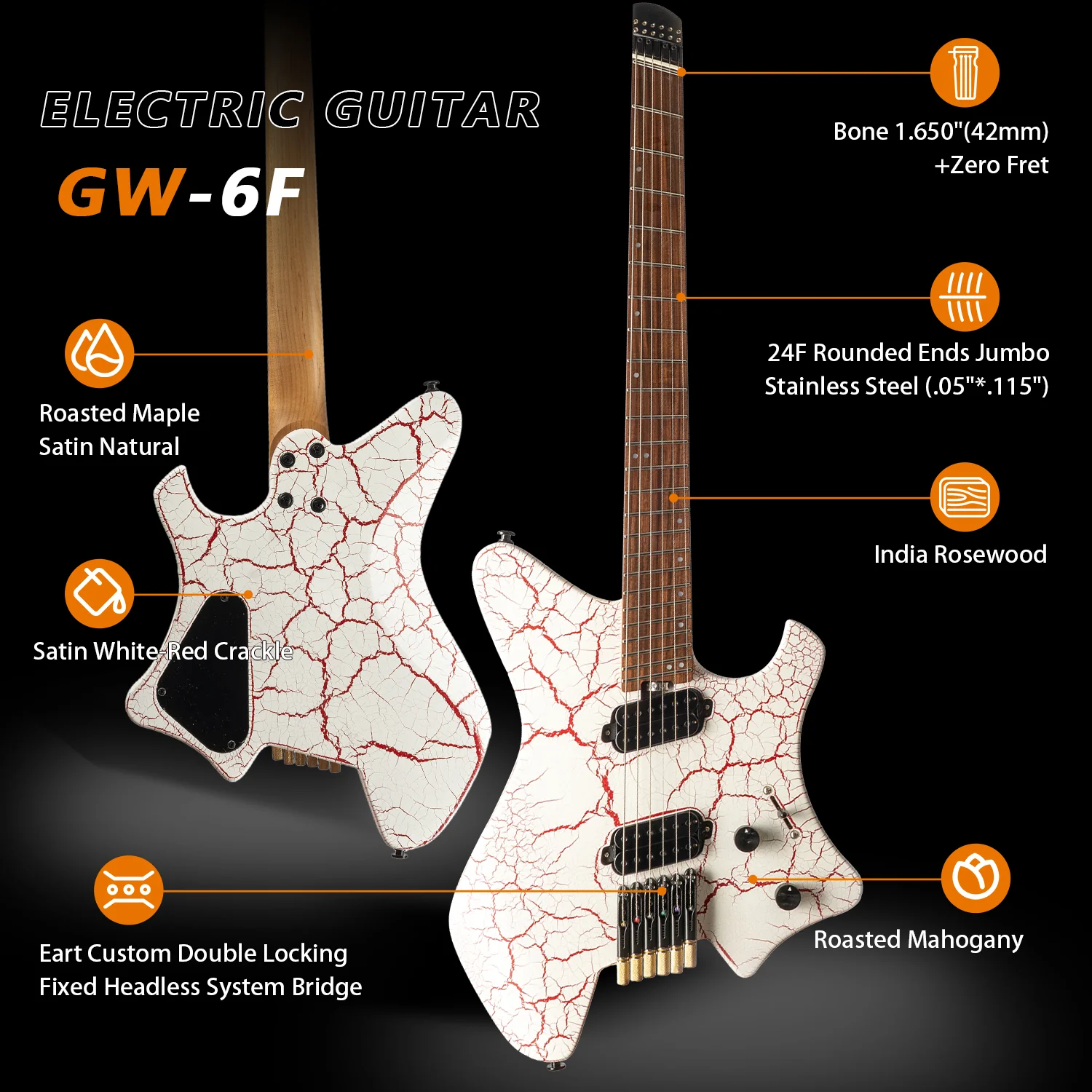 Eart Guitars, GW-6F, 6 Strings, 3-Way Switch,1 Tone,1 Volume Fixed Bridge Headless Electric Guitar - Image 2