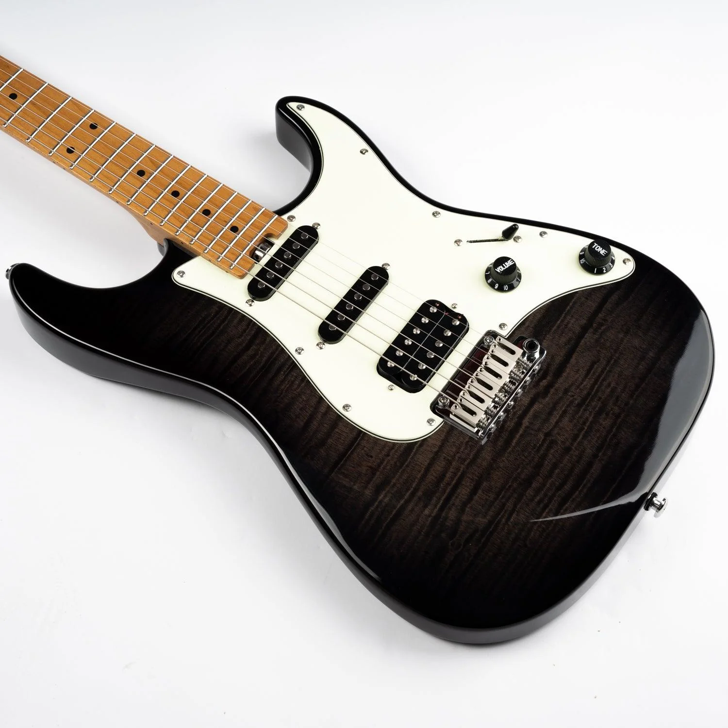 Eart Guitars, NK-C3N, Modern Roasted Bookmatch Mahogany+Flame Maple Body Electric Guitar, Black - Image 6